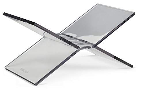 Clear acrylic X-shaped bookstand, angled for displaying a book or tablet.