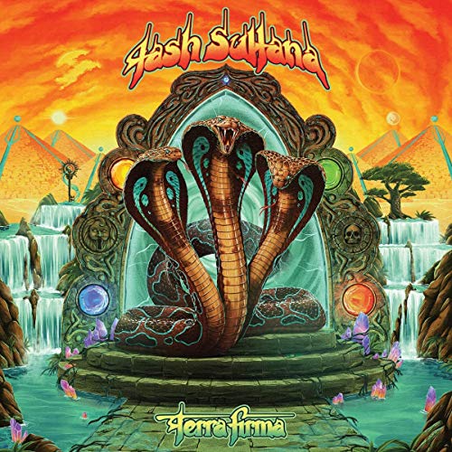 Album cover featuring a three-headed cobra in a surreal landscape with waterfalls and pyramids.