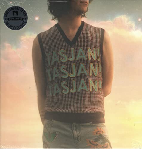 Album cover featuring a man in a knitted vest with repeating text.
