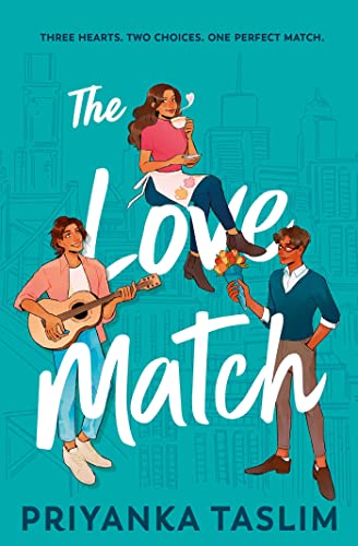 Book cover with illustrated characters and large pink title, “The Love Match.”
