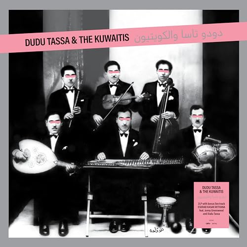 Black and white photo of a musical ensemble with pink bars over their eyes.