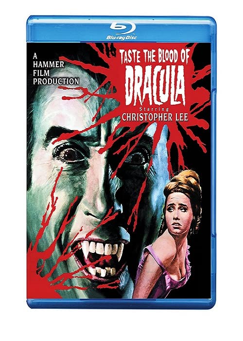 “Taste The Blood Of Dracula” Blu-ray cover featuring Christopher Lee and a distressed woman.