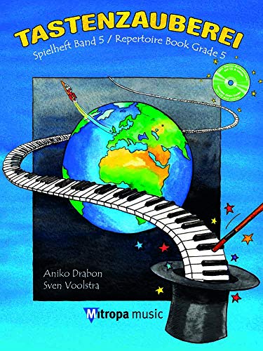 Music workbook cover with Earth, piano keys, and a magician’s hat.