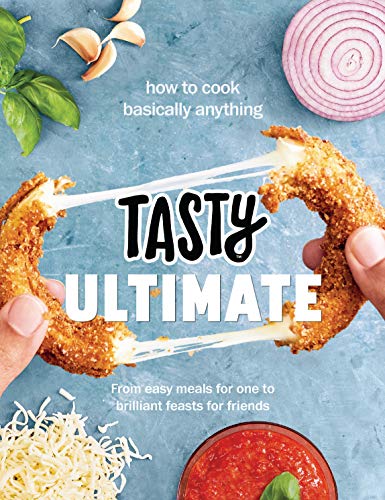 Cookbook cover with cheesy, fried food and fresh ingredients.