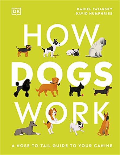 Book cover: "How Dogs Work" with illustrations of various dog breeds.