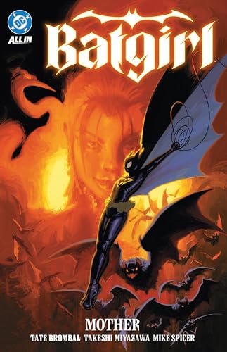 Batgirl flies through a swarm of bats against a fiery orange background with a face.