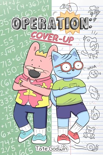 A pink rabbit and blue cat stand together against a background of math problems.
