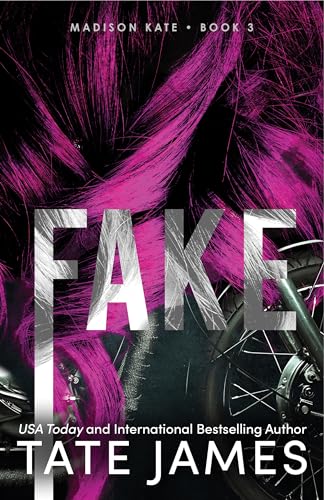 Book cover for "Fake" featuring pink hair and a motorcycle wheel.