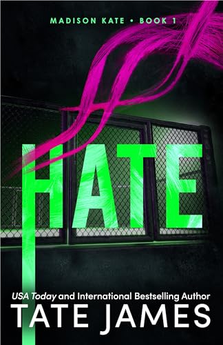 Book cover for "Hate" with neon green text and pink abstract lines.