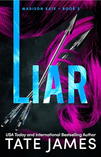 Book cover titled Liar with two arrows against a background of bright pink hair.