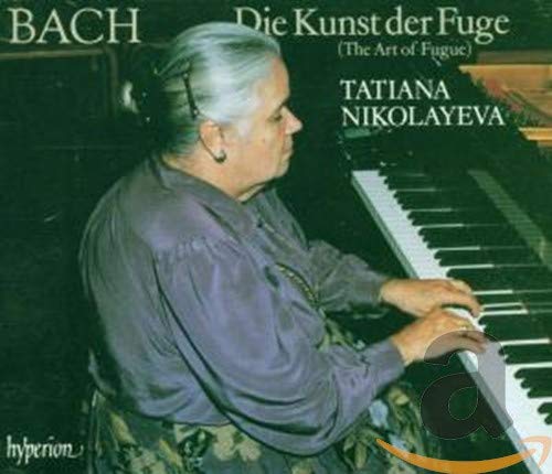 Pianist Tatiana Nikolayeva at a piano, album cover for Bach’s *The Art of Fugue*.