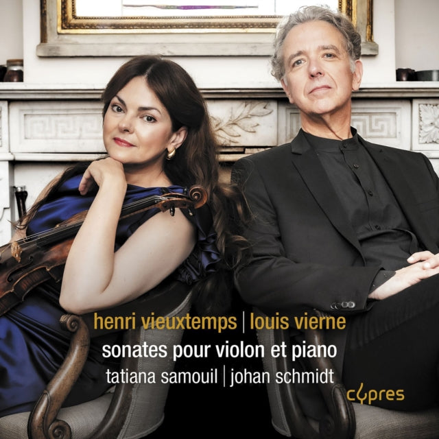 Two musicians, a violinist and pianist, in formal attire.