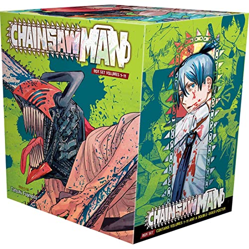 Chainsaw Man" box set containing volumes 1-11, manga art on green background.