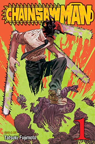 “Chainsaw Man” volume 1 cover: a young man with a chainsaw head lunges forward.