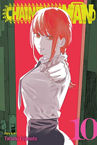 Chainsaw Man" volume 10 cover: red-haired woman points forward, pink background.