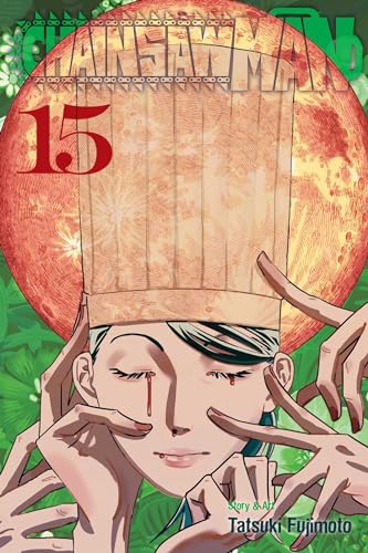 “Chainsaw Man” volume 15 cover: a pale face framed by hands and foliage.