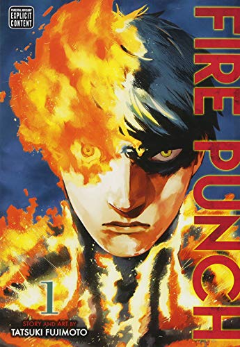 Manga cover featuring a man with half his face engulfed in bright orange flames.