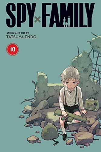 A young boy with a rifle sits on rubble on the Spy x Family cover.