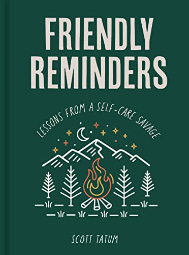 Green book cover with white text, mountains, campfire, and crescent moon.