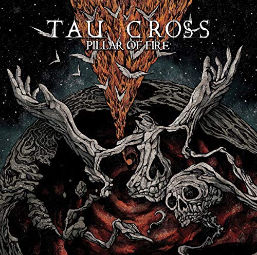 Dark album cover with skulls, branches, and a fiery pillar against a starry background.