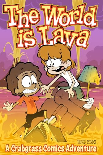 Cartoon book cover featuring two children escaping a lava-filled room.