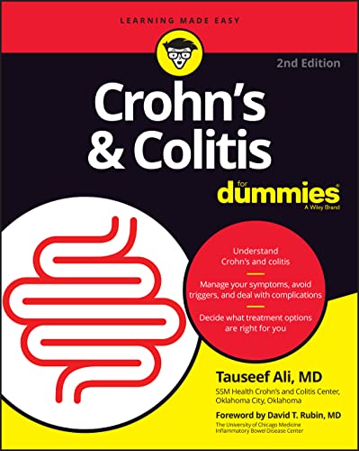 Book cover: "Crohn's & Colitis For Dummies," 2nd Edition, with intestine illustration.