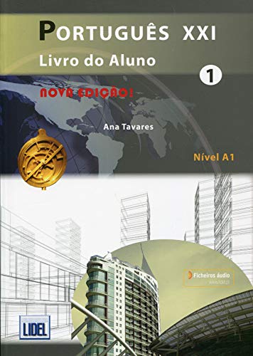Portuguese textbook cover with a world map, gold seal, and city skyline.