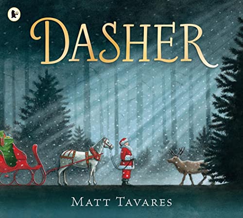 Book cover depicting Santa, a deer, and a red sleigh in a snowy forest.