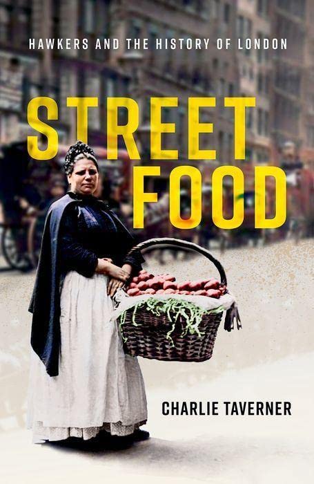Book cover: woman with basket of apples, London street scene.