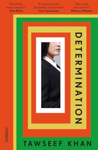Book cover: portrait of a person in a suit, bold geometric colors.