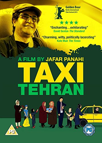 "Taxi Tehran" DVD cover featuring a man and cartoon people around a yellow taxi.