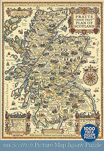 Vintage-style illustrated map of Scotland featuring small drawings and a 1000-piece puzzle label.