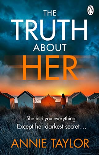 Book cover with a woman standing by colorful beach huts at sunset.