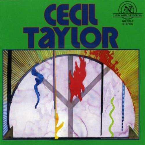 Cecil Taylor album cover with abstract paint strokes on a green background.