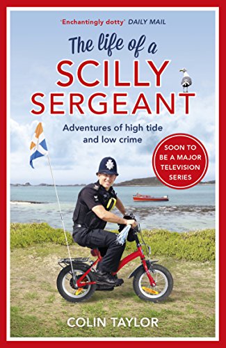 "Book cover featuring a police officer on a child's bike near the seaside."