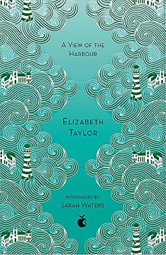 Book cover with teal waves, lighthouses, and houses; title "A View Of The Harbour".