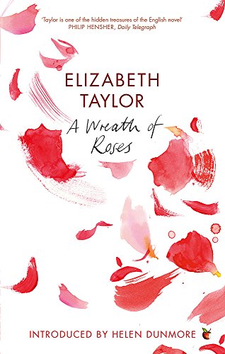 "Book cover with red rose petals and title 'A Wreath of Roses' by Elizabeth Taylor."