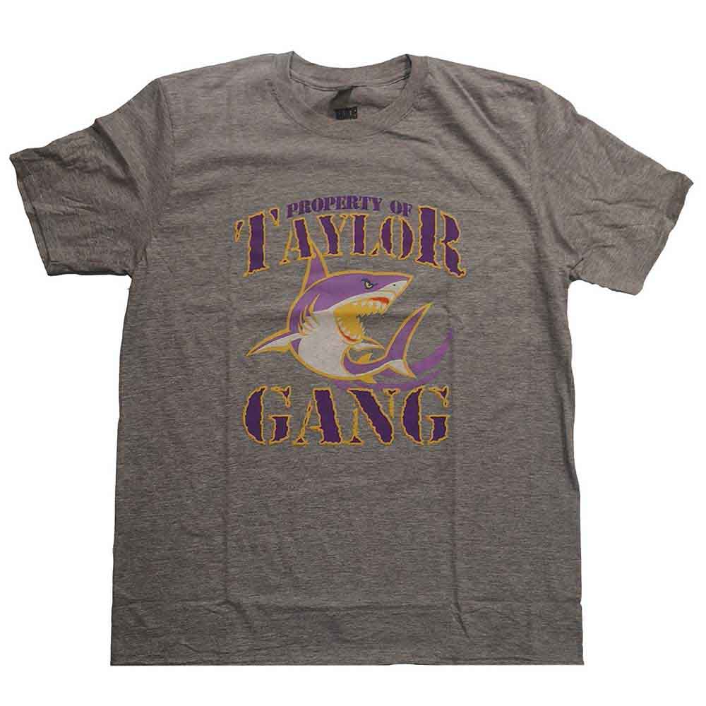 Gray t-shirt with "Taylor Gang" logo featuring a shark and text.