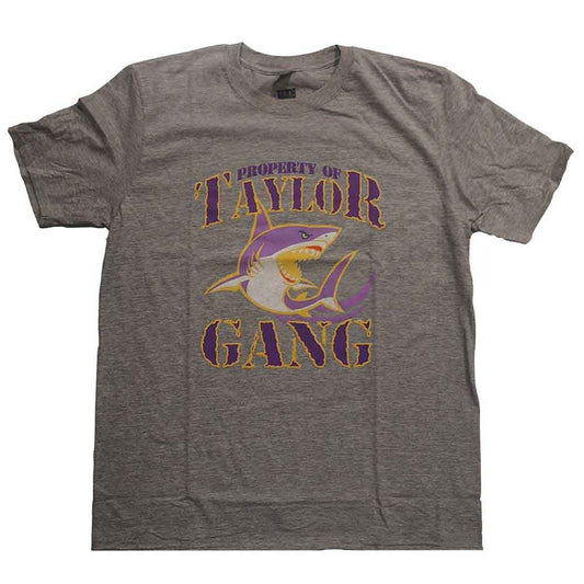 Gray t-shirt with "Taylor Gang" logo featuring a shark and text.