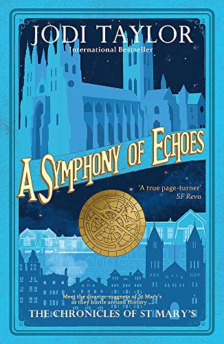 Book cover: cathedral illustration, golden compass, and title “A Symphony of Echoes”.