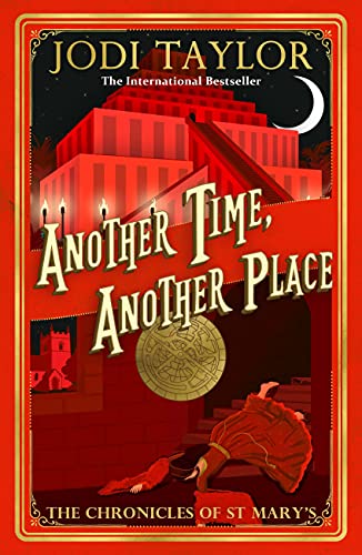 Book cover: red building, time travel device, and falling figure.