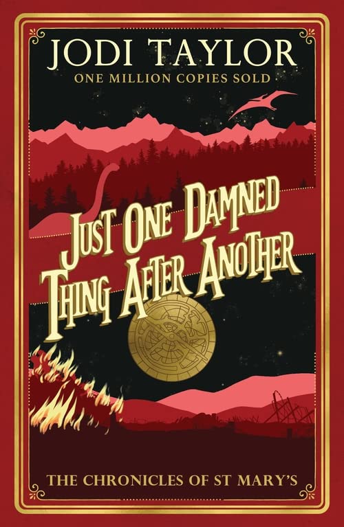 Book cover: black background, red text, dinosaur silhouettes, and a golden emblem.
