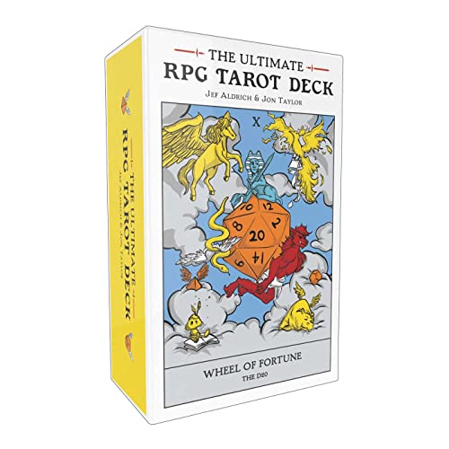 Tarot deck box with illustrated card depicting fantasy creatures and a wheel.