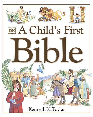 Cover of "A Child's First Bible" with illustrated biblical scenes.
