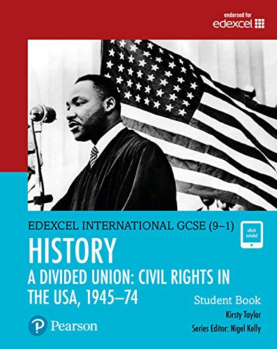 Martin Luther King Jr. speaking before an American flag on an Edexcel history textbook.