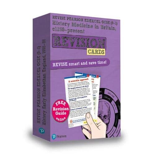 Purple box of Edexcel GCSE History Medicine revision cards with example cards.