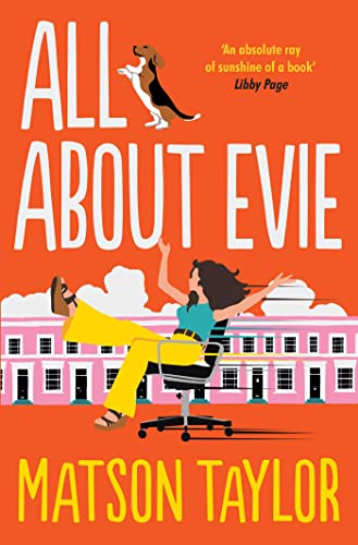 Book cover: "All About Evie" with illustration of people and a dog.