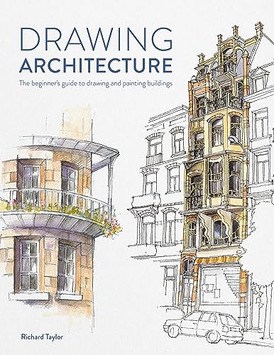 Book cover titled Drawing Architecture featuring ink and watercolor sketches of urban buildings.