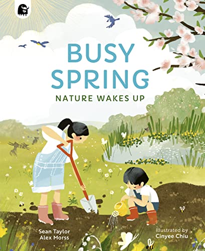 Children gardening in a spring landscape with blossomsCL blossoms and a small pond.