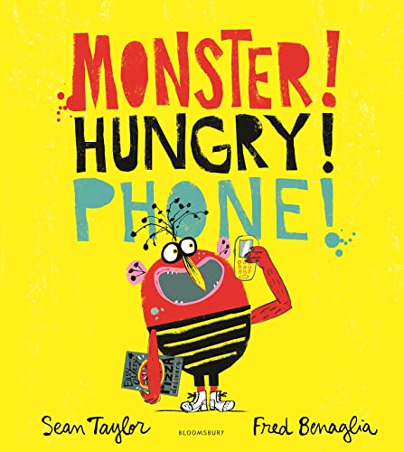 Bright yellow cover with a red monster holding a mobile phone.